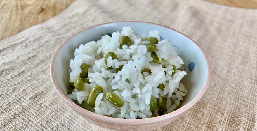 cooked edamae rice in a bowl