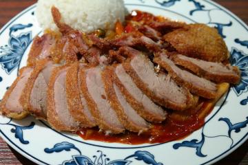 Cooked duck and rice on a plate